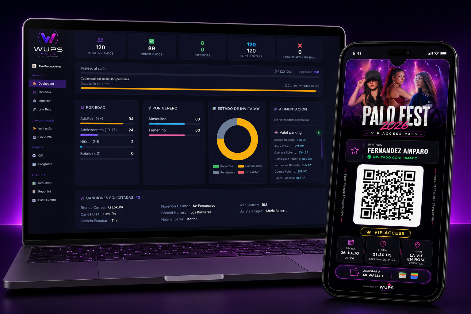 WUPS HOST — invitación web, dashboard y pase QR